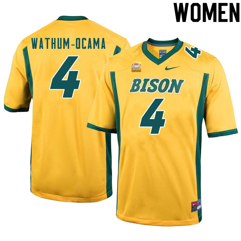 Women #4 Jenaro Wathum-Ocama North Dakota State Bison College Football Jerseys Sale-Yellow - Click Image to Close